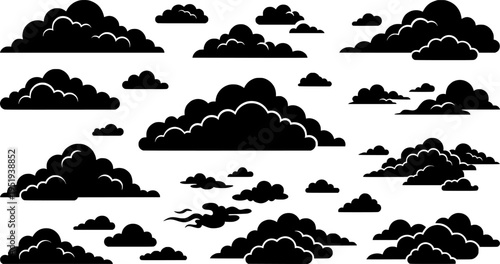 Vintage cloud. Sky sketch, hand draw black and white woodcut style isolated elements, retro line icon collection. Detailed fluffy engraving cloudscape, monochrome graphic vector pencil drawing