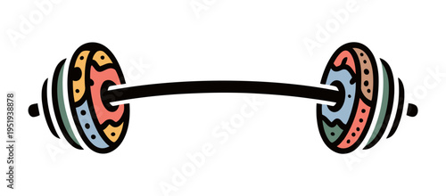 Colorful barbell vector icon illustration with patterned weight plates for gym and fitness logo