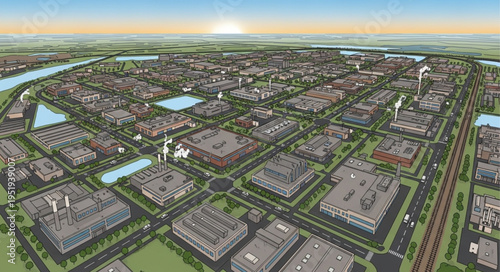 Aerial View of a City with Buildings and Green Spaces.