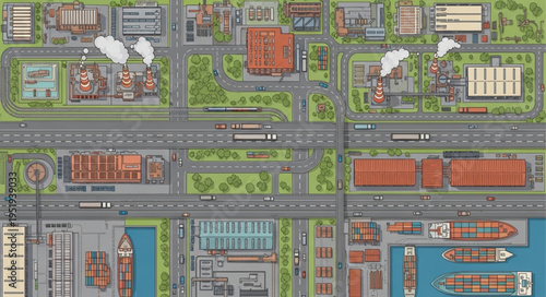 Aerial View of a Busy Industrial City with Port and Transportation.