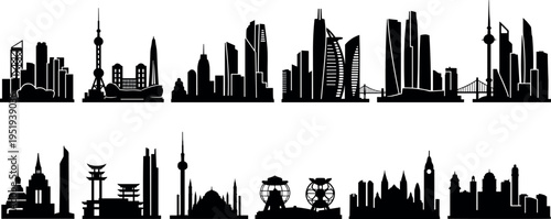 Black silhouette vector illustration of diverse city skylines, iconic landmarks, global architecture, towers, monuments, bridges, temples, observation wheels, urban design artwork