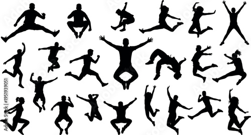 Silhouette illustration of people jumping in dynamic poses, energetic vector artwork, motion design for creative background and expressive composition