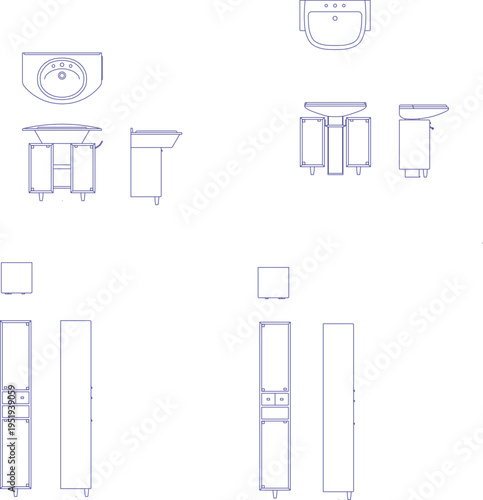 Technical architectural drawing showing bathroom sinks, vanity units with cabinet storage and tall linen closet cabinets in plan and elevation views.