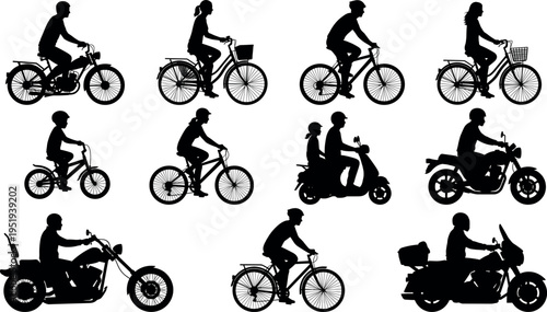  Silhouette illustration of people riding bicycles, scooters, and motorcycles, diverse two-wheeled transport vector artwork for creative background design