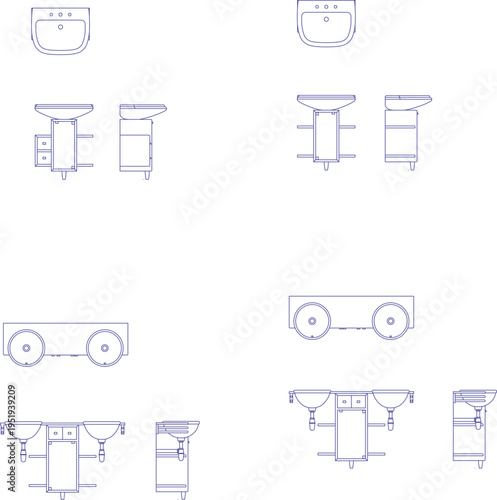 Technical architectural drawing showing various bathroom sink and vanity designs in plan and elevation views including single, double, wall-mounted and cabinet units.