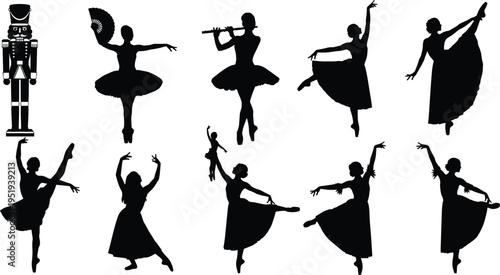 Nutcracker ballet silhouettes, dancers in graceful poses, holiday performance, classical dance, festive illustration, artistic expression, vector art resource