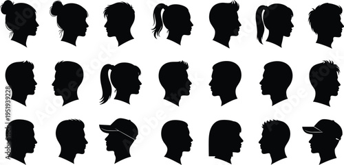 Black silhouette vector illustration, diverse human head profiles, hairstyles, ponytails, buns, caps, male and female, side view, variation