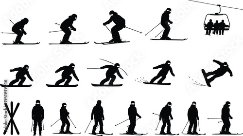 Silhouette illustration of skiing and snowboarding activities with ski lift, winter sports poses, dynamic movement, equipment vector design content