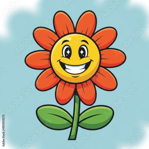 A smiling flower with orange petals and a yellow center