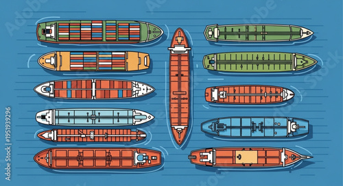 Aerial View of Container Ships in Formation on Blue Water.