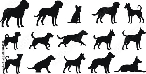 Dog breed silhouettes in diverse poses, standing, walking, lying down, vector illustration for design, artwork, pet themes