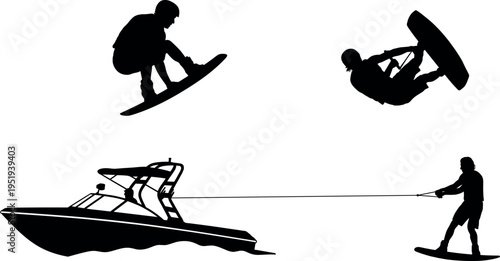 Silhouette vector illustration of wakeboarding, motorboat pulling rider, aerial tricks, dynamic water sports, recreational activity, adventure, excitement, motion