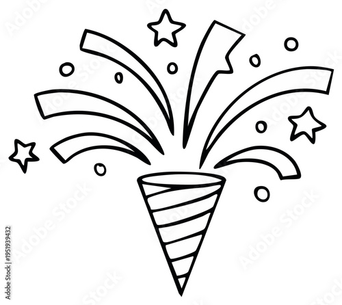 Hand drawn illustration of a festive party popper exploding with stars and confetti