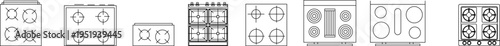 Technical architectural plan view showing various kitchen stovetop and cooktop designs with different burner configurations including 2, 4, and 6-burner layouts.