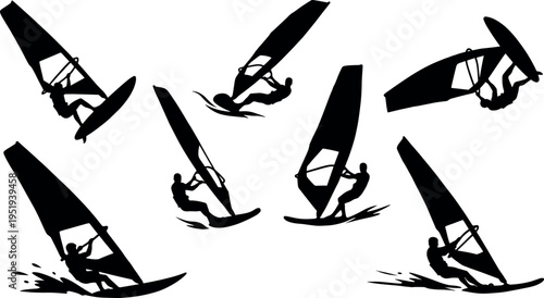 Silhouette vector illustration of windsurfers, dynamic water sport, sailing boards, ocean adventure, athletic movement, recreational activity, energy, motion