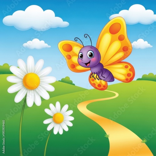 A cartoon butterfly flying over a green field with flowers