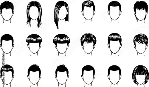 Black silhouette vector illustration of diverse hairstyles, short, medium, long, straight, wavy, spiky designs, fashion, character creation, hair trend artwork