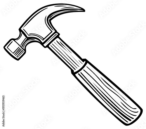 Detailed black and white illustration of a hammer construction tool.