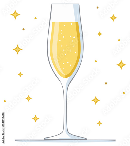 Elegant champagne flute with a bubbly sparkling beverage and golden stars for celebration