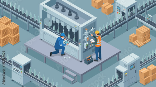 Isometric Factory Technician Team Repairing Automated Bottling Machine on Industrial Production Line