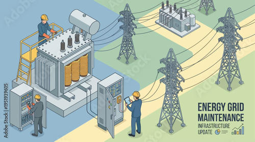 Isometric Energy Grid Maintenance: Electrical Engineers Working on High Voltage Transformer Substation Infrastructure with Power Lines and Control Panels