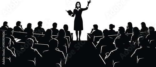 Silhouette illustration of woman presenting on stage with book, audience seated attentively, vector artwork for education, leadership, and communication