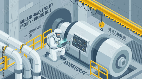 Isometric Nuclear Power Plant Technician Inspecting Generator Turbine in Industrial Facility, Clean Energy Infrastructure Maintenance