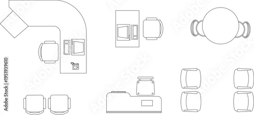 Technical interior design plan view showing office furniture layouts including desks, chairs, reception counter and round table arrangement.