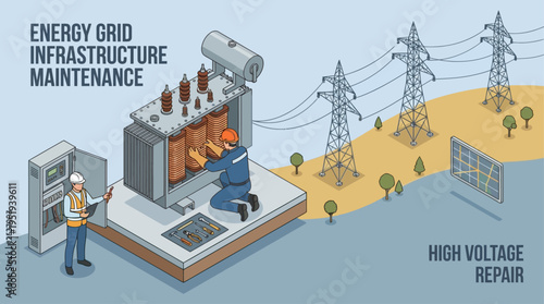 Isometric Electrician Technician Repairing High Voltage Transformer at Power Station, Energy Grid Infrastructure Maintenance Illustration