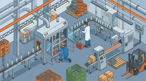 Isometric Factory Technician Repairing Industrial Manufacturing Equipment in Modern Production Facility with Conveyor Belt Automation