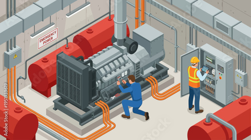 Isometric Industrial Generator Maintenance with Engineers in Hard Hats and Safety Vests at Power Plant Facility