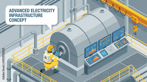 Isometric Industrial Technician Monitoring Power Plant Equipment with Digital Tablet in Advanced Electricity Infrastructure Facility