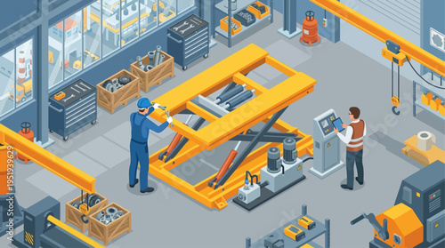 Isometric Factory Technician Repairing Hydraulic Lift in Modern Industrial Workshop with Digital Control Panel and Safety Equipment