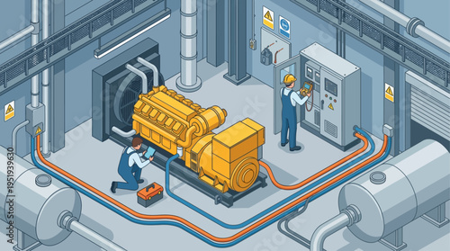 Isometric Industrial Technician Team Repairing Generator in Power Plant, Factory Maintenance Workers with Tools, Technical Engineering Illustration