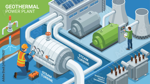 Isometric Geothermal Power Plant Technician Monitoring Steam Turbine Renewable Energy Industrial Infrastructure
