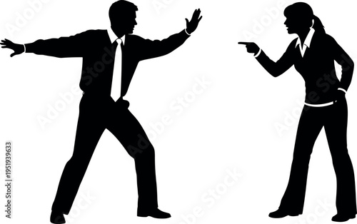 Silhouette vector illustration of workplace conflict, business man defensive gesture, business woman pointing finger, communication issues, interpersonal argument, office dynamics
