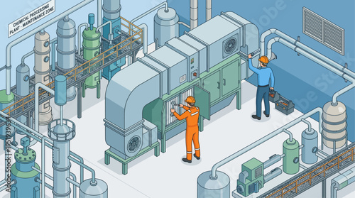 Isometric Industrial Technician Team Inspecting Chemical Processing Plant Machinery, Factory Maintenance Workers in Safety Gear, Manufacturing Engineering Illustration