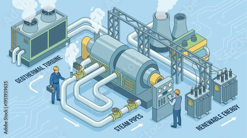 Isometric Geothermal Power Plant with Technicians Monitoring Renewable Energy Industrial Infrastructure, Clean Technology Steam Turbine System Illustration