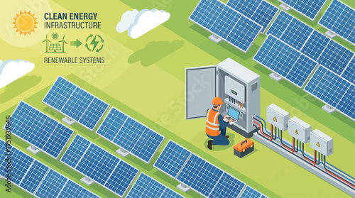 Isometric Solar Panel Technician Maintaining Clean Energy Infrastructure, Renewable Power Systems, Engineer Inspecting Electrical Grid, Sustainable Technology