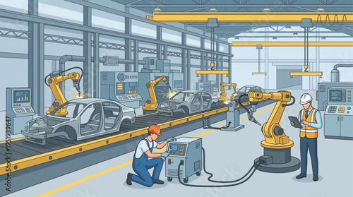 Isometric Automotive Factory with Robotic Arms and Technicians Controlling Smart Manufacturing Assembly Line, Industrial Automation Technology