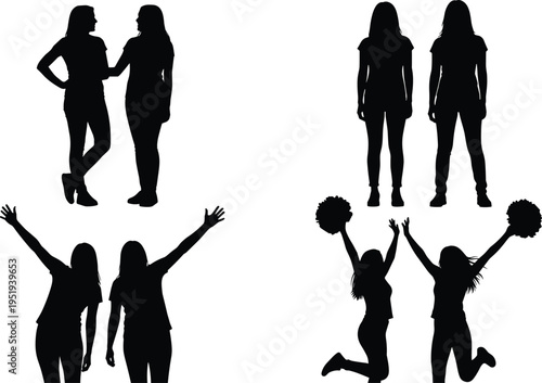 Silhouetted pairs of people in diverse poses, expressive gestures, teamwork concept, celebration, cheerleading, interaction, communication, unity illustration