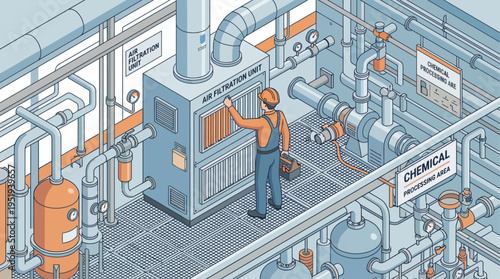 Isometric Industrial Technician Inspecting Air Filtration System in Chemical Processing Plant, Factory Worker Monitoring Equipment Maintenance, Vector Technical Illustration