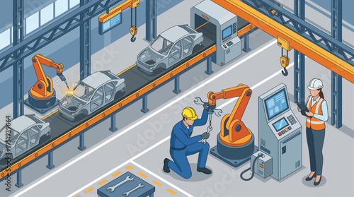 Isometric Car Factory Technician Repairing Robotic Arm on Automotive Assembly Line, Industrial Manufacturing with Engineer and Welding Robot