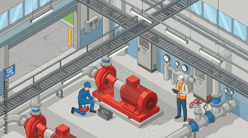 Isometric Industrial Technician Repairing Pump Machinery in Factory Maintenance Scene with Safety Equipment and Pipeline Infrastructure