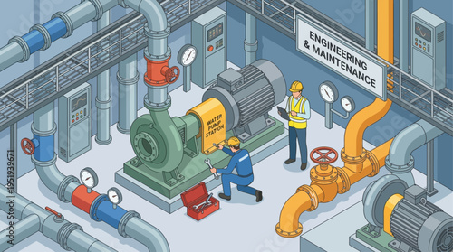 Isometric Industrial Engineers Maintaining Water Pump Station Pipes and Machinery in Factory Engineering Facility