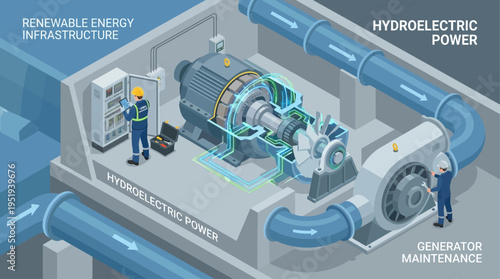 Isometric Hydroelectric Power Plant Technician Maintenance Renewable Energy Infrastructure Industrial Worker Generator Control Panel Clean Electricity Production