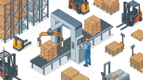 Isometric Warehouse Automation - Technician Operating Smart Logistics System with Conveyor Belt, Forklift Fleet and Robotic Packaging Technology