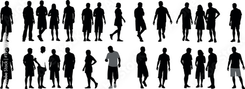  Black silhouette vector illustration of diverse human figures in multiple standing poses, gestures, stances, communication, and expressive body language concept