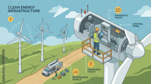Isometric Wind Turbine Technician Performing Maintenance with Diagnostic Tablet on Clean Energy Infrastructure Platform