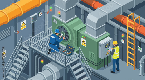 Isometric Industrial Technician Repairing HVAC Ventilation System in Factory, Maintenance Engineer Inspecting Equipment, Technical Service Workers in Manufacturing Plant